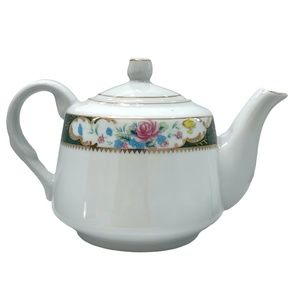 VINTAGE TIGER YEDI WHITE PORCELAIN GREEN BAND W FLORAL DESIGN TEAPOT
